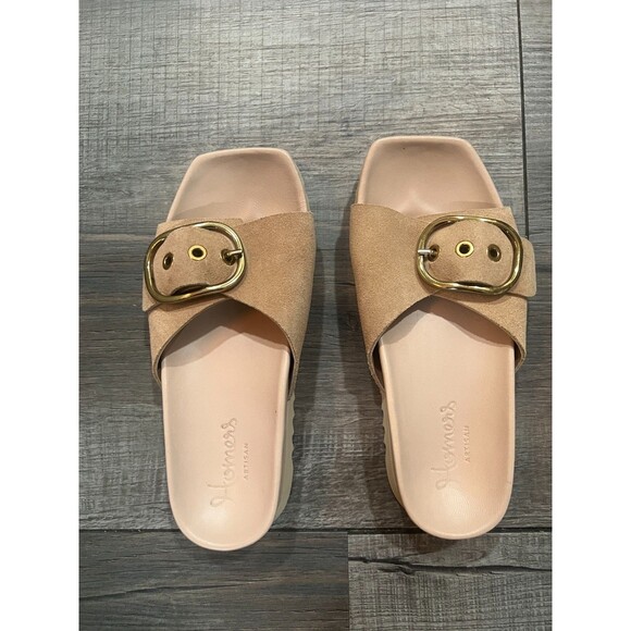 NIB Homers Tan Suede Slip On Open Toe Hand Crafted Buckle Slide Sandals Size 36 - Picture 3 of 9